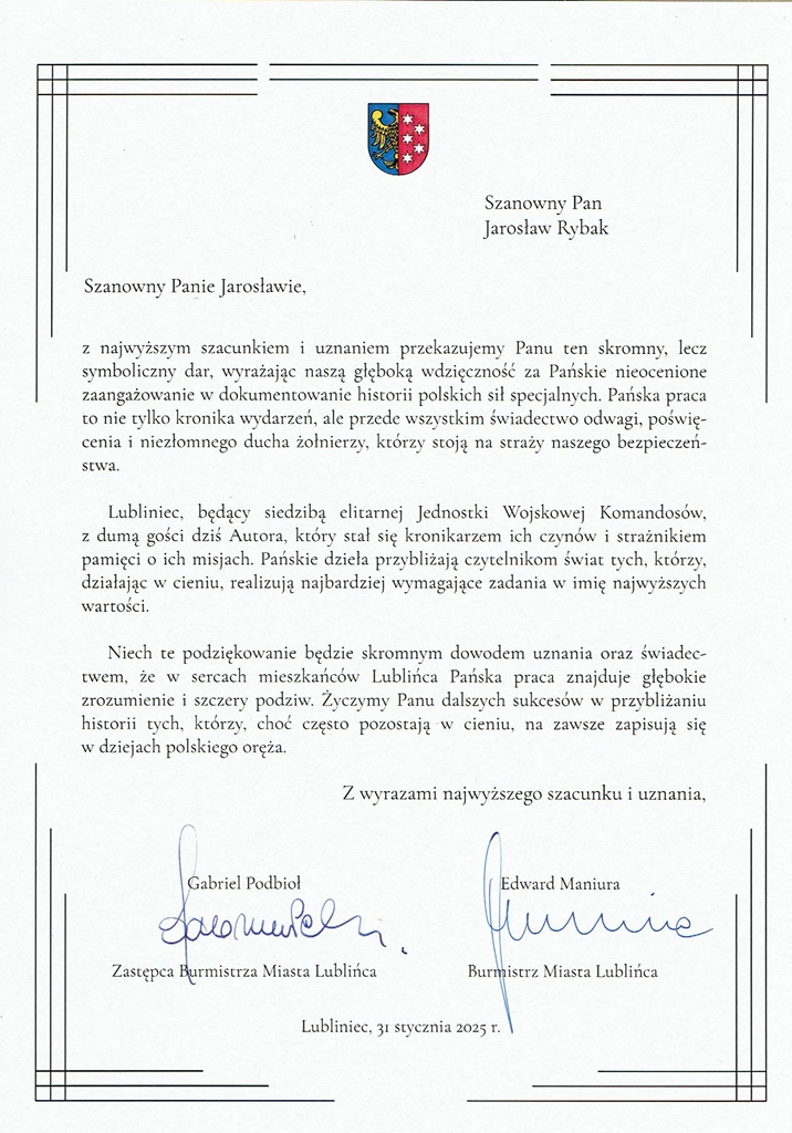 List gratulacyjny od Władz Miasta.