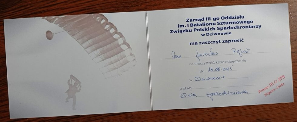 Zaproszenie na Dzień Spadochroniarza organizowany w czasie Festynu Komandosa.