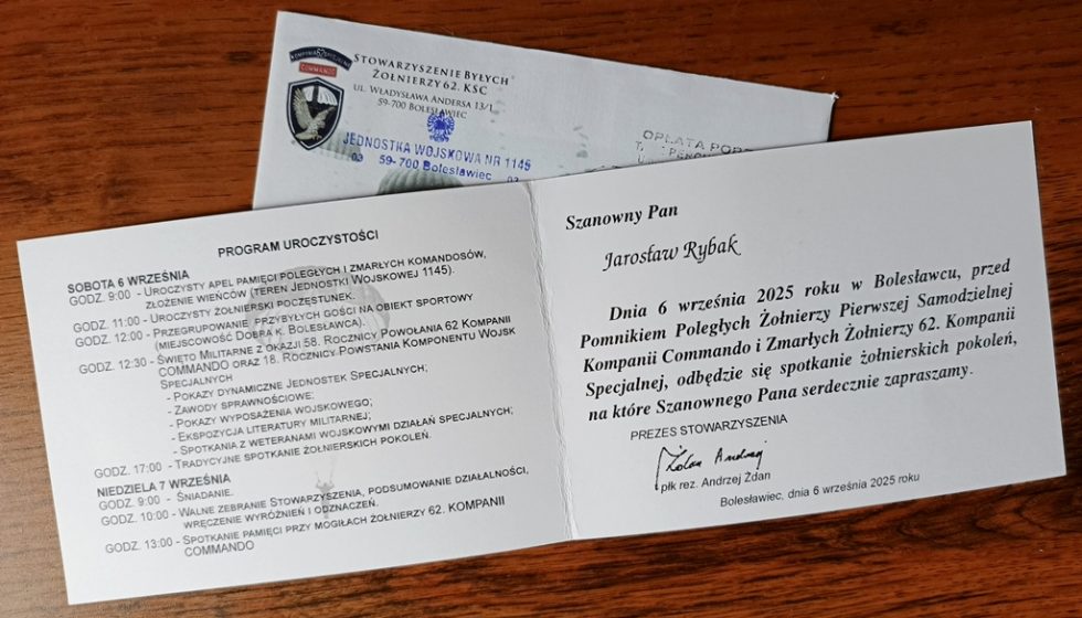Zaproszenie na spotkanie żołnierzy 62. Kompanii Specjalnej.