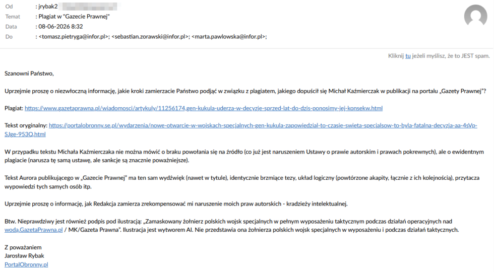 Pierwszy mail wysłany do szefostwa Gazety Prawnej.