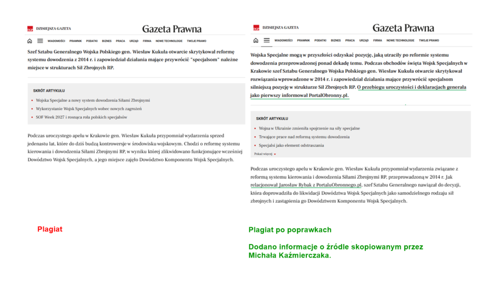 Publikacja w Gazecie Prawnej: plagiat oraz poprawki mające wskazywać, że plagiat jest tylko omówieniem, a kradzieżą tekstu.
