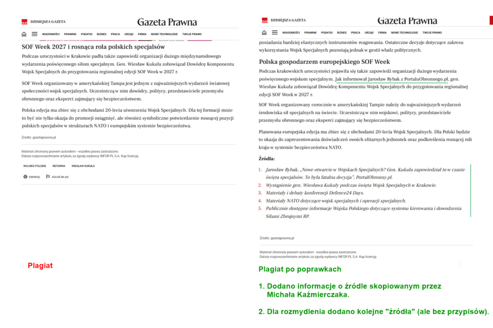 Publikacja w Gazecie Prawnej: plagiat oraz poprawki mające wskazywać, że plagiat jest tylko omówieniem, a kradzieżą tekstu.